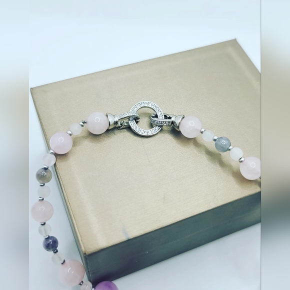 Rose Quartz, Raw Amethyst,  Zirconia Stainless steel clasp Necklace - Picture 4 of 4